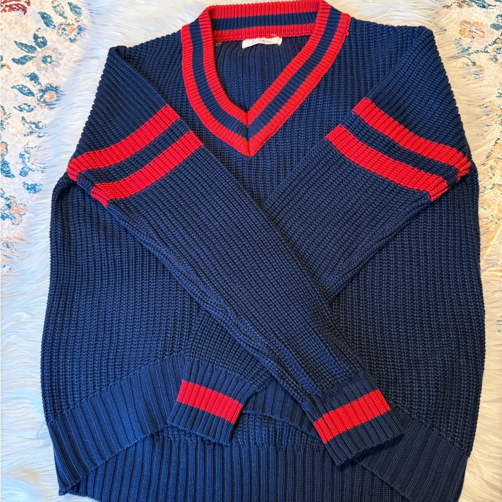 Elan V-Neck Sweater in Navy and Red
